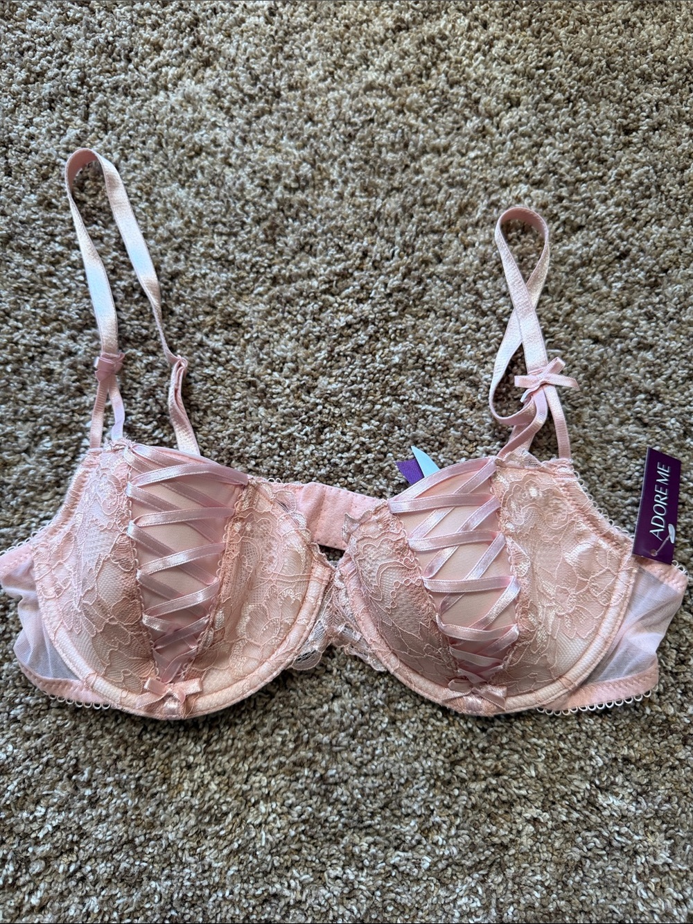 Adore Me Blush Lace Underwire Bra with Ribbon Detail